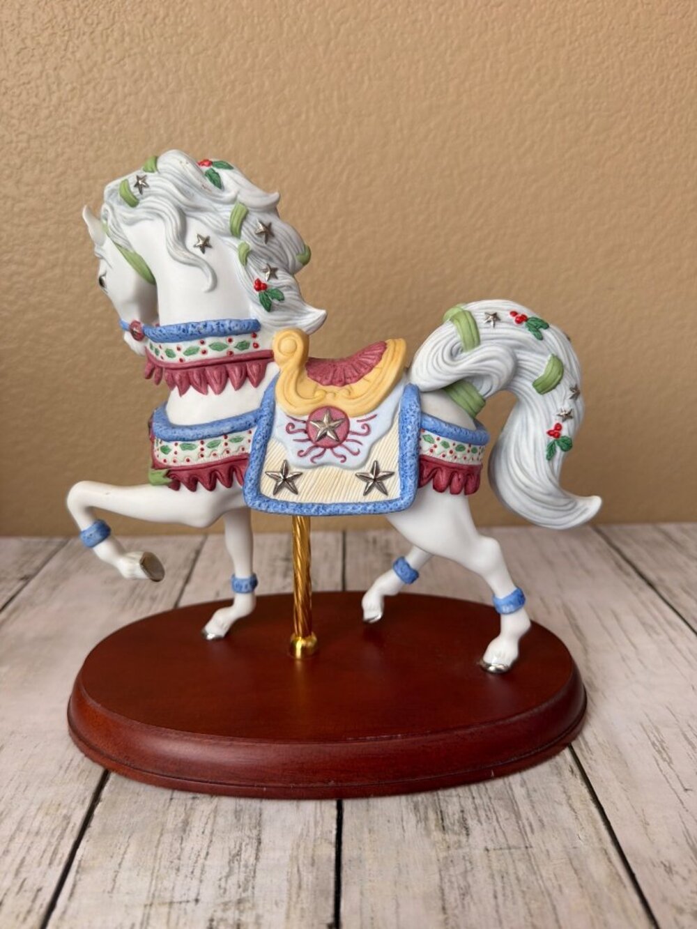 Lenox 2000 Porcelain Christmas Carousel Horse Figurine Penguins Saddle Wood Base - Picture 4 of 14